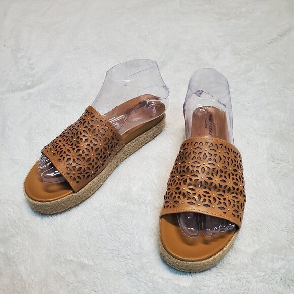 Hush Puppies Leather Beaded Espadrilles Tan Lady Slip On Platform Sandal Women 7 - Picture 1 of 9